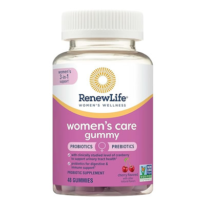 Renew Life Women's Care Cherry Prebiotic and Probiotic Gummies, Digestive, Urinary Tract and Immune Health, B. Coagulans and B. Subtilis, Dairy, Soy and gluten-free, 2 Billion CFU 48 Count