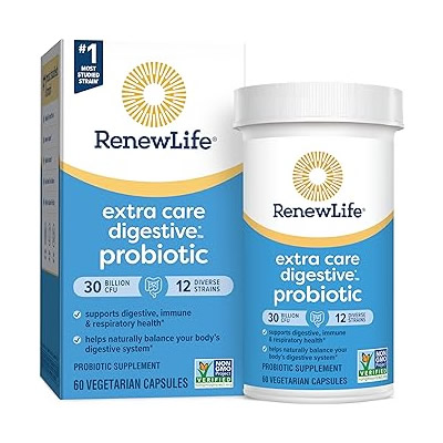 Renew Life Extra Care Probiotic Capsules, Daily Supplement Supports Immune, Digestive and Respiratory Health, L. Rhamnosus GG, Dairy, Soy and gluten-free, 30 Billion CFU, 60 Count